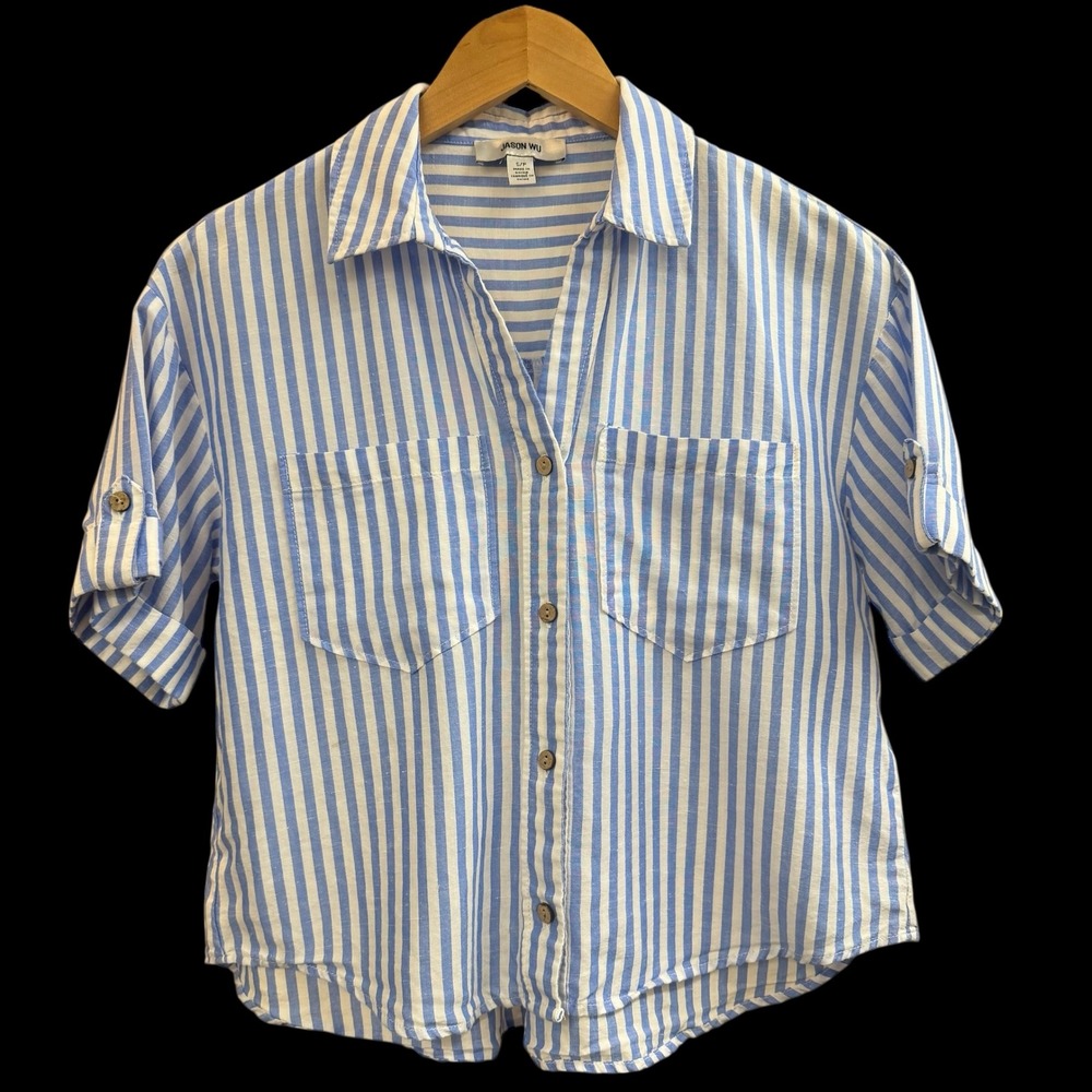 Jason Wu Womens Blue White Striped Linen Blend Button Up Shirt Short Sleeve Sz S - Picture 3 of 7